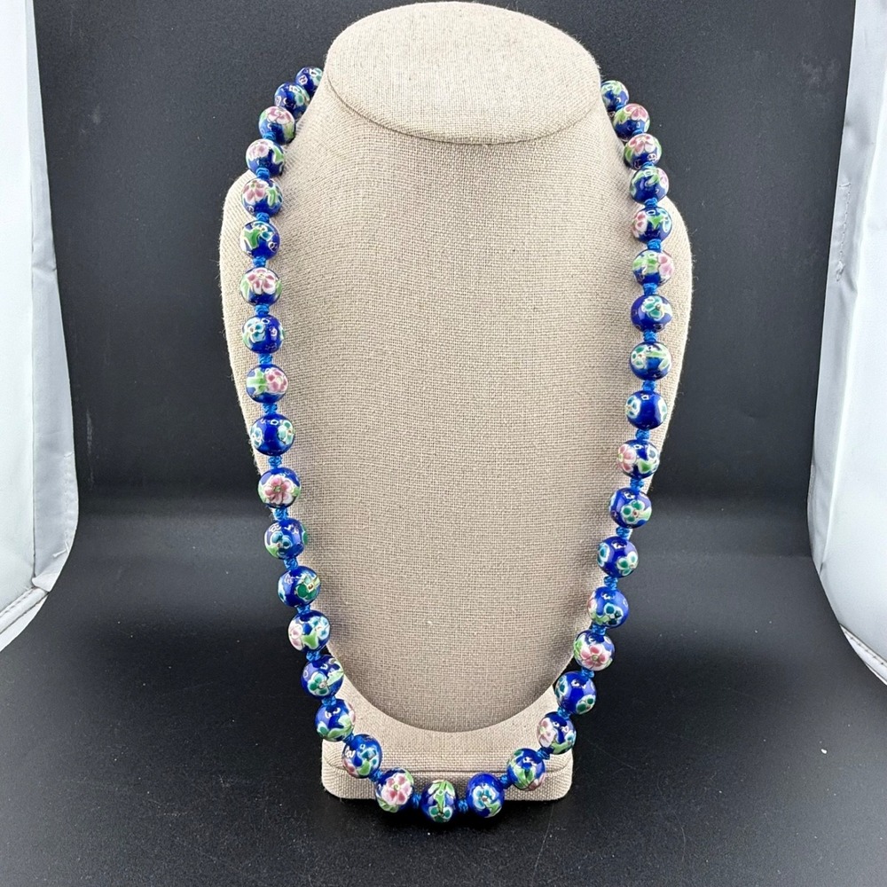 Vintage Chinese Cloisonne Enamel Necklace Blue 26" - Picture 2 of 10